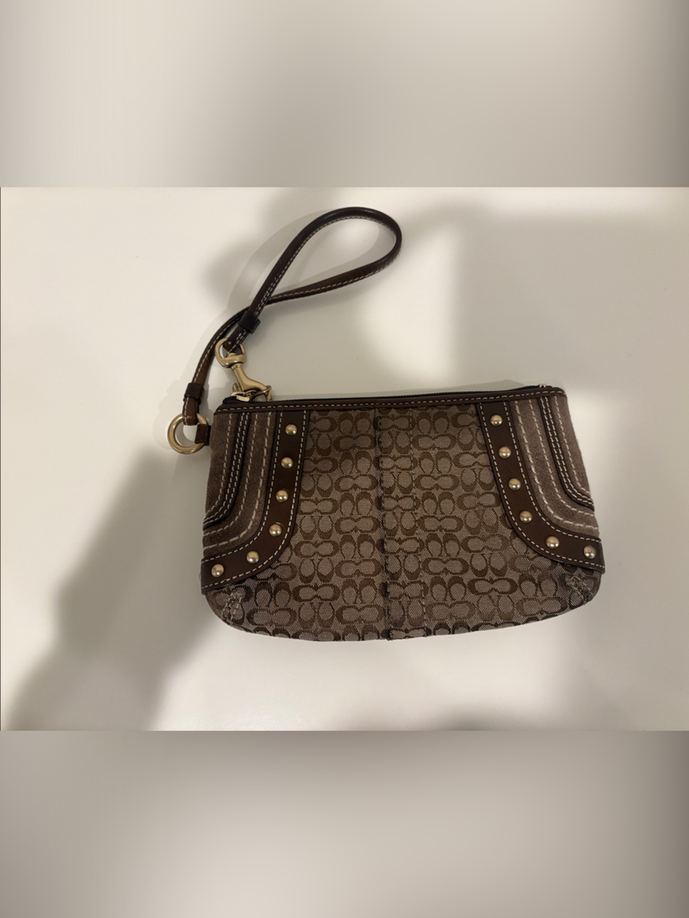 Coach Brown Signature Logo Wristlet with Stud Accents